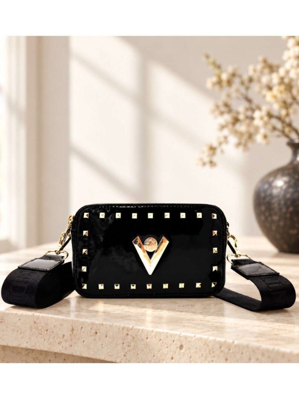 Valentino Orlandi V-3028S Black Patent Studded V Logo Camera · Sizes One Size